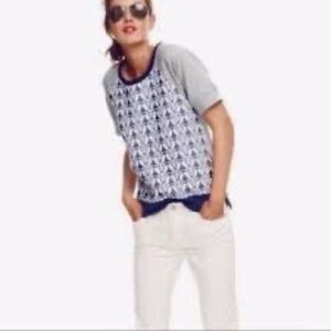 NWOT J. Crew short sleeve textured blue, white & gray embroidered sweatshirt! XS